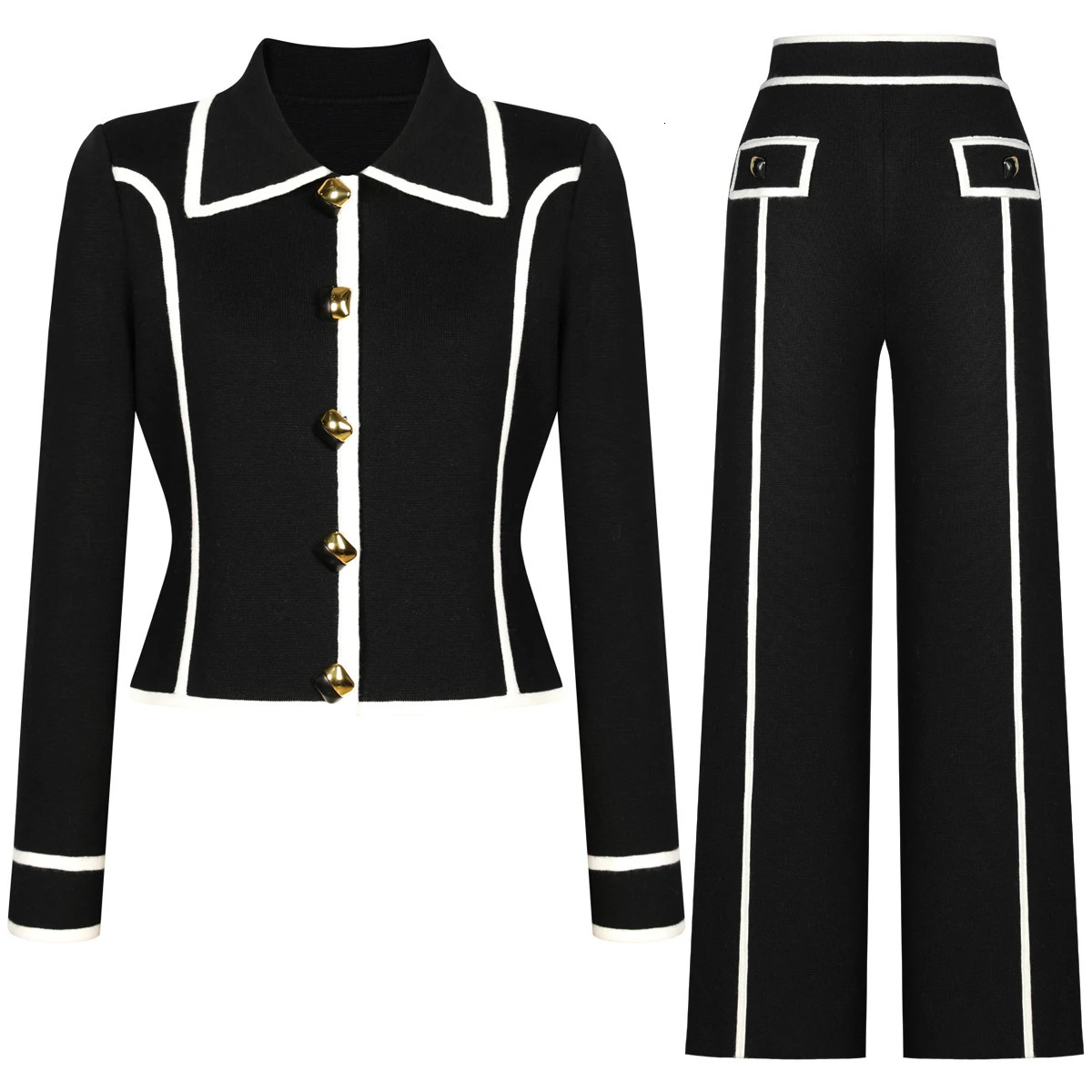 Bouton de revers patchwork tricoté de haute qualité et à la mode Pantalon à jambe droite à jambe droite Femme 250818