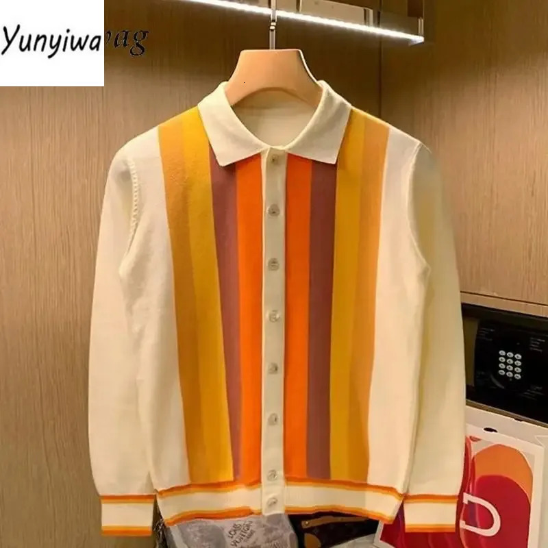 Knitting Shirts Men Classic Striped Jacquard Patchwork Polo Collar Sweater Shirt Tops Fall Vintage Long Sleeve Mens Knit 250818