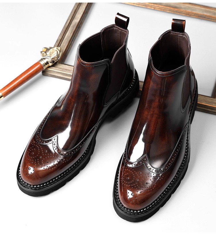 British Chelsea boots, men's boots, genuine leather short boots, men's Brock carved glossy high-top leather shoes plus velvet