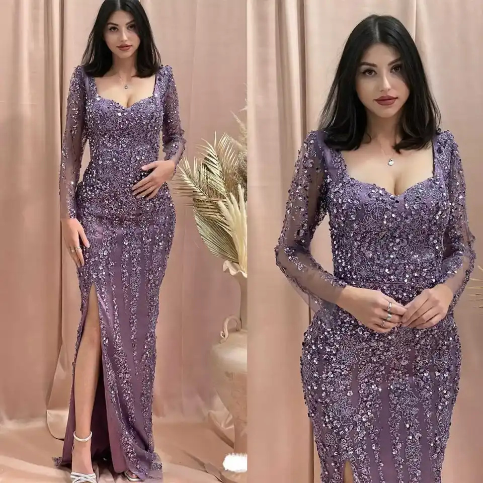 Elegant Long Sleeve Mermaid Prom Dresses Sexy V Neck Side Slit Evening Gowns Sequined Lace Customized Dress