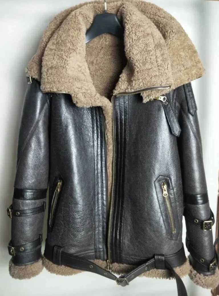 High Quality Men Genuine Leather Coat Natural Shearing Sheepskin Jacket for Men Wool Liner Double Layer Collar Motorcycle Pilot 7XL XJ250818