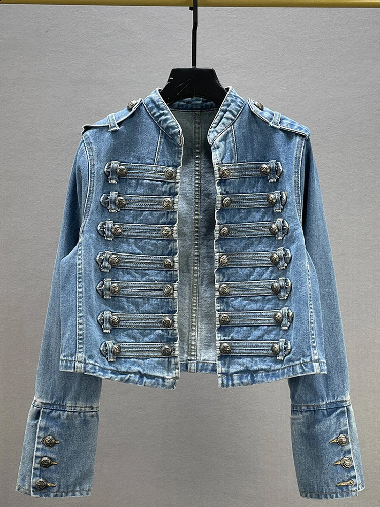 y Double Breasted Button Decors Denim Coat Long Sleeve Patchwork Outwears Jeans Jackets Vintage Cardigan Streetwear Abrigos 250801