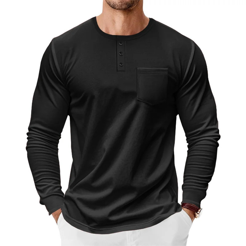 spring autumn style Mens pure color breathable pocketed Slim Round Neck button Pullover men Casual longsleeved tops 250818