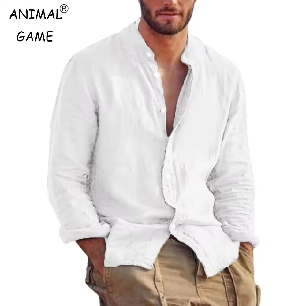 Mens Long Sleeve Linen Shirt Stand Up Collar Casual Lightweight Shirts Breathable T Hawaiian button 250801