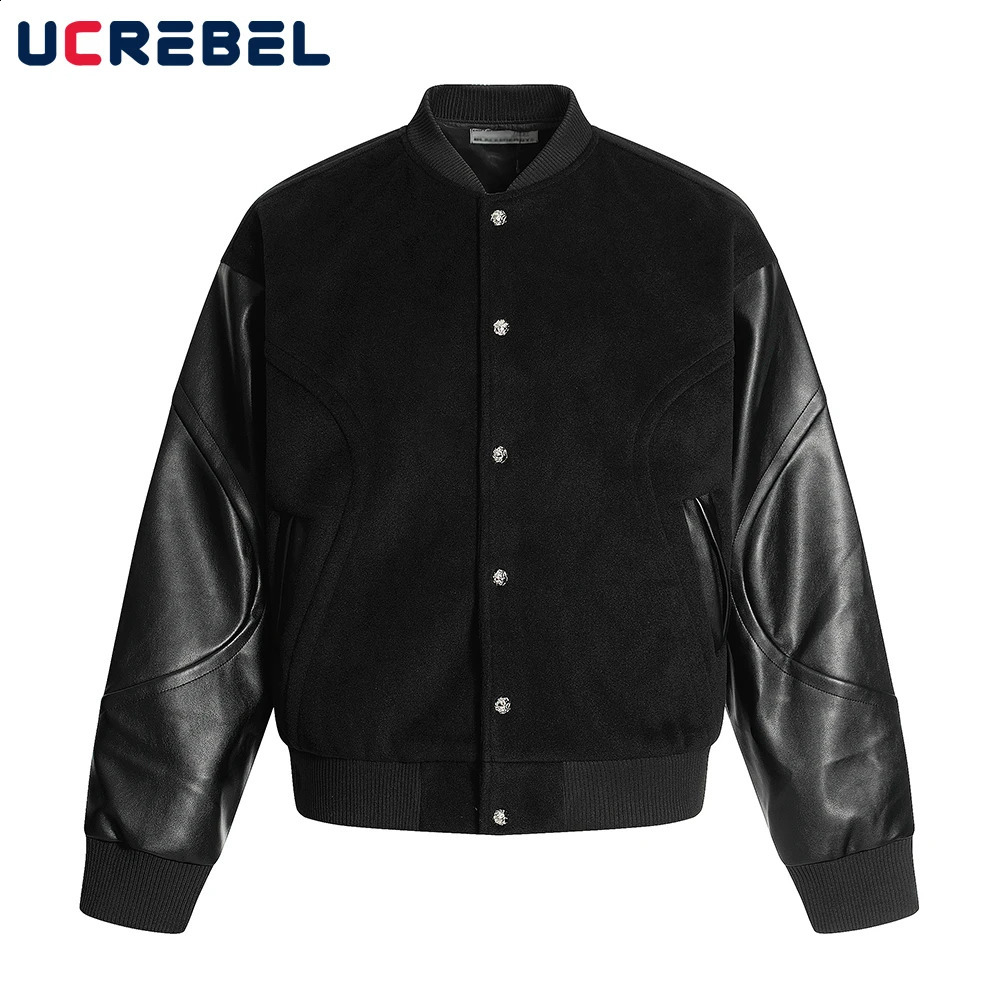 Veste de baseball épissée rétro Men High Street Automne Single Breasted Stand Col Colde de broderie PU Veste PU Men de la veste d'extérieur 25081