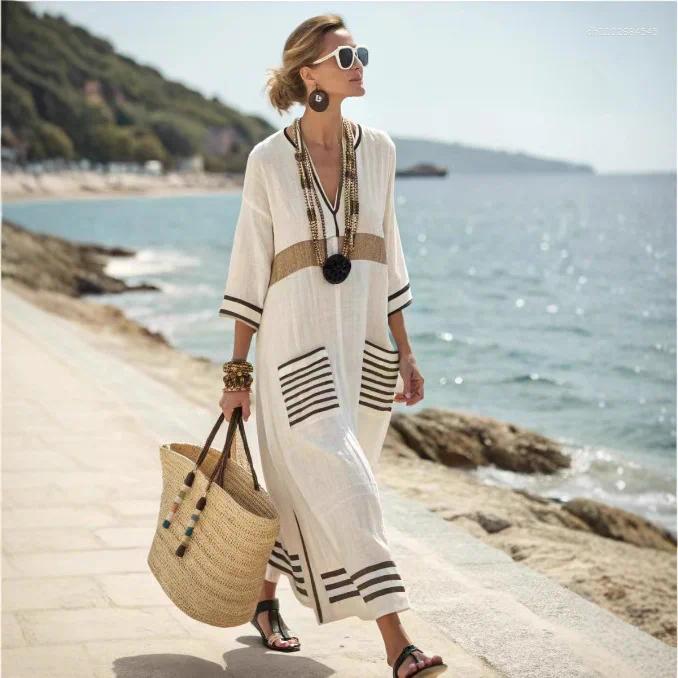 Robes décontractées lâches rétro à imprimer des vacances de vacances d'été bouton de manche en v robe de cou robe boho plage style femme longue f