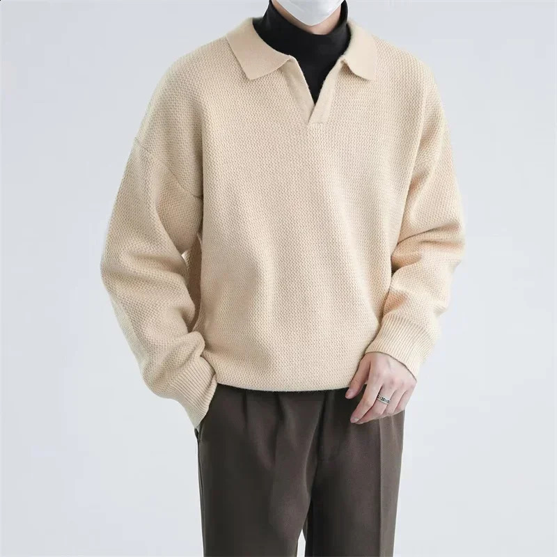 Vneck Long Sleeve Pullover Sweater For Men Korean Fashion Knitted Polo Shirts Y2K Vintage Lapel Knitwear jersey hombre 250801