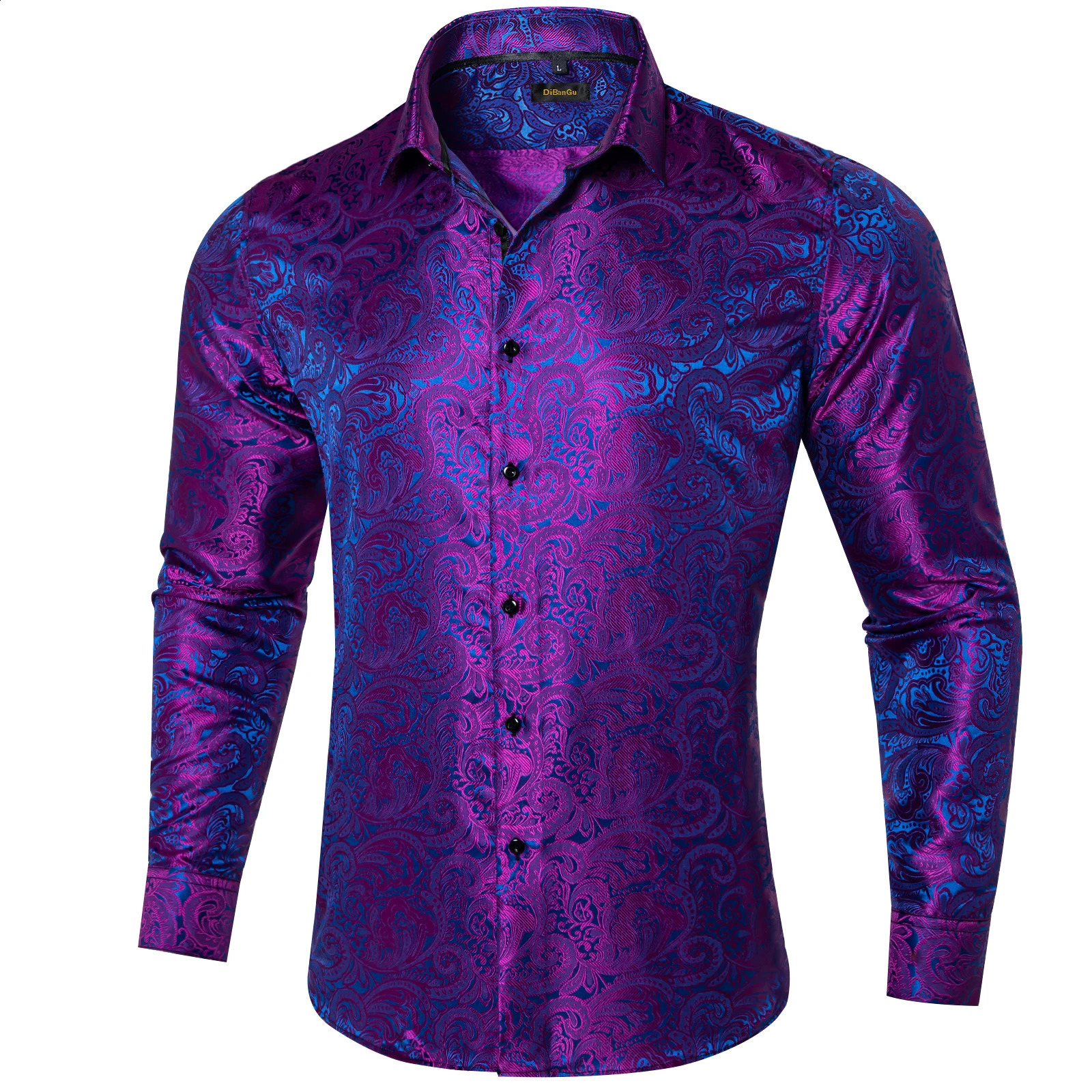y Shirts en polyester paisley violet pour hommes manches longues de mariage de mariage bouton à collier social
