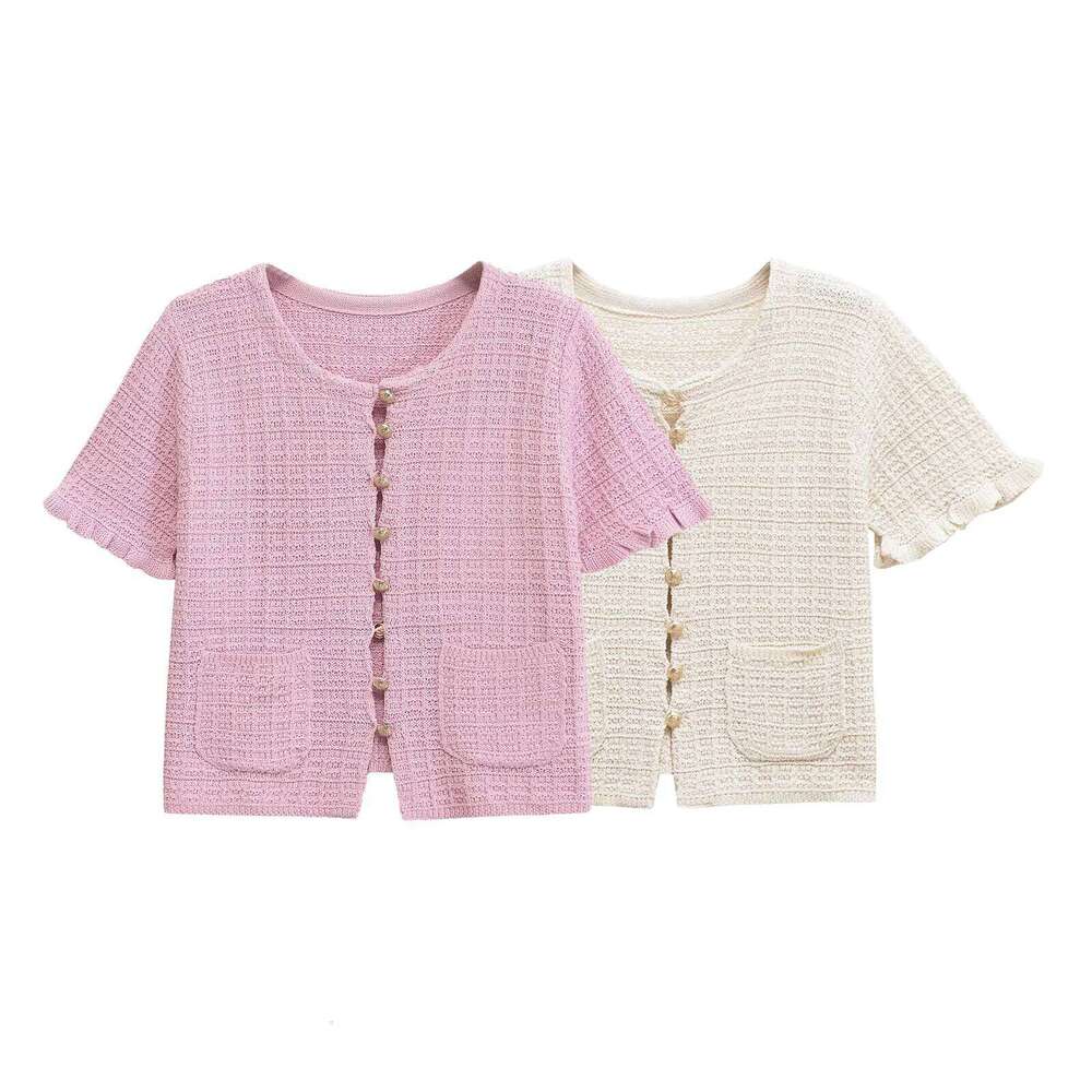 Designer Clothing 2025 TRAFZA Summer Women's Elegant Knitted Cardigan Solid Round Neck Short Sleeves Single-Breasted Pockets Decorative Fashion