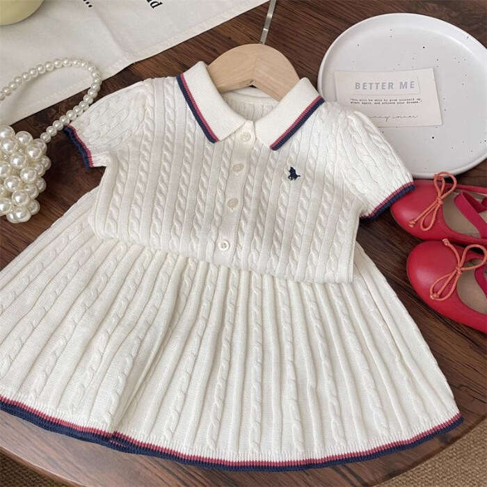 Korean Fashion Clothing Knitted Sets Girls For Older Children Summer New Stylish Turn-Down Collar Short Sleeve And Half Skirt Two Piece Set h454