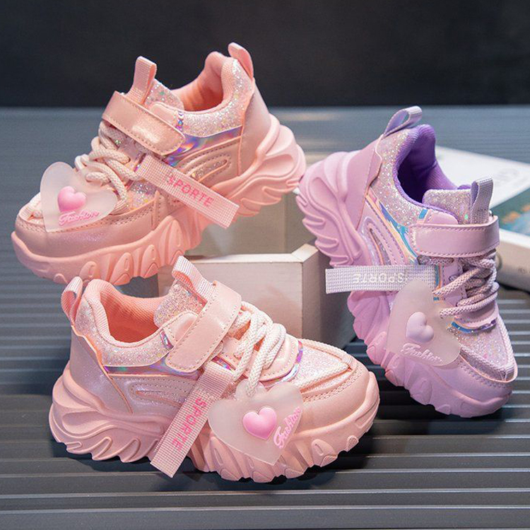 Girls Sports Shoes Kids Running Sneakers for School Fashion Cute Shiny Non Slip Kidszworld Children Toddler Casual Shoes With Heart Spring Autumn Si