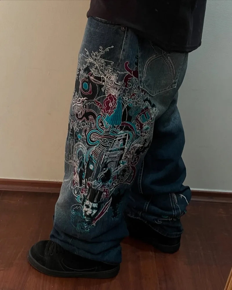 Retro Harajuku Fashion High Waist Graphic Embroidery Oversized Jeans Men Y2k American Hip Hop Street Rock Casual Pants Women 250815