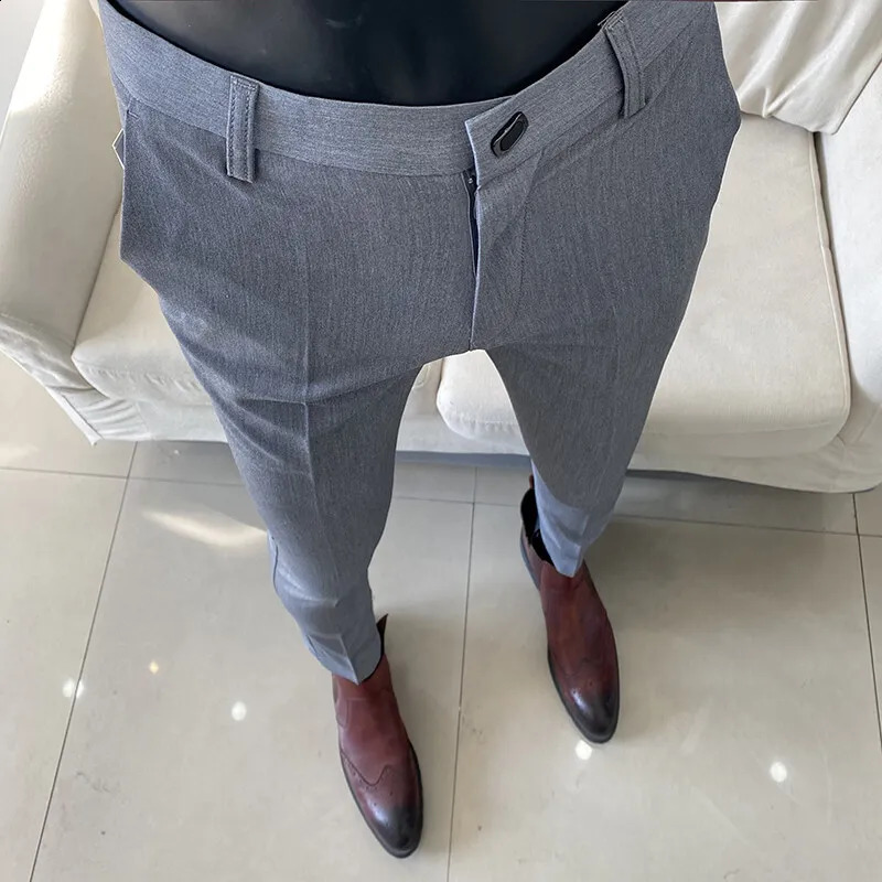 Spring Summer Men Casual Suit Pants Fashion Slim Solid Color Formal Business Social Office Length Mens Clothing 250801