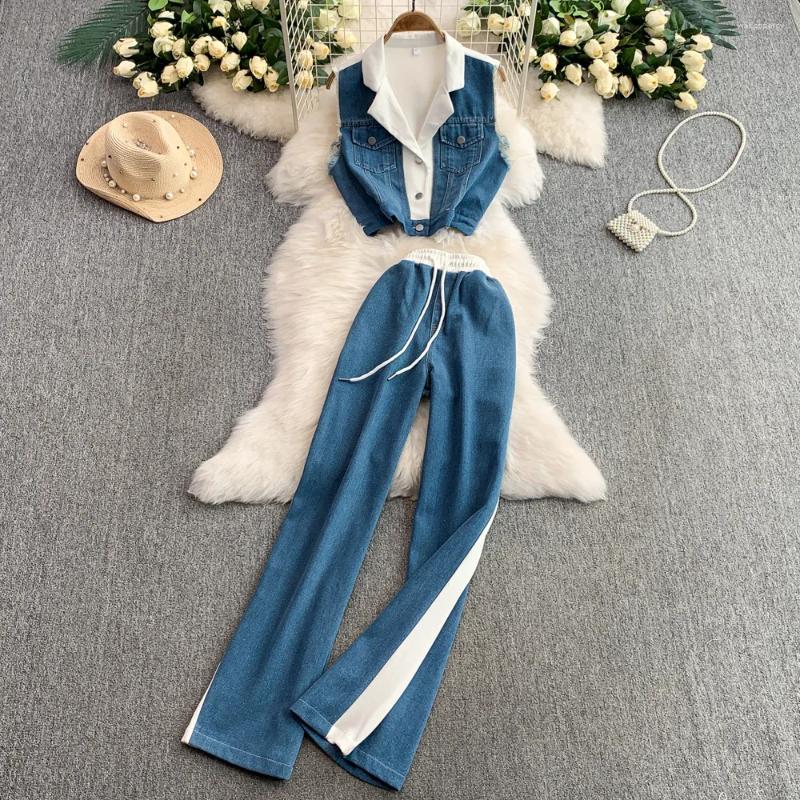 Women's Two Piece Pants Denim Pant Set Women Sets Matching Sleeveless Tops Wide Leg Long Lace Up Elastic Waist Streetwear