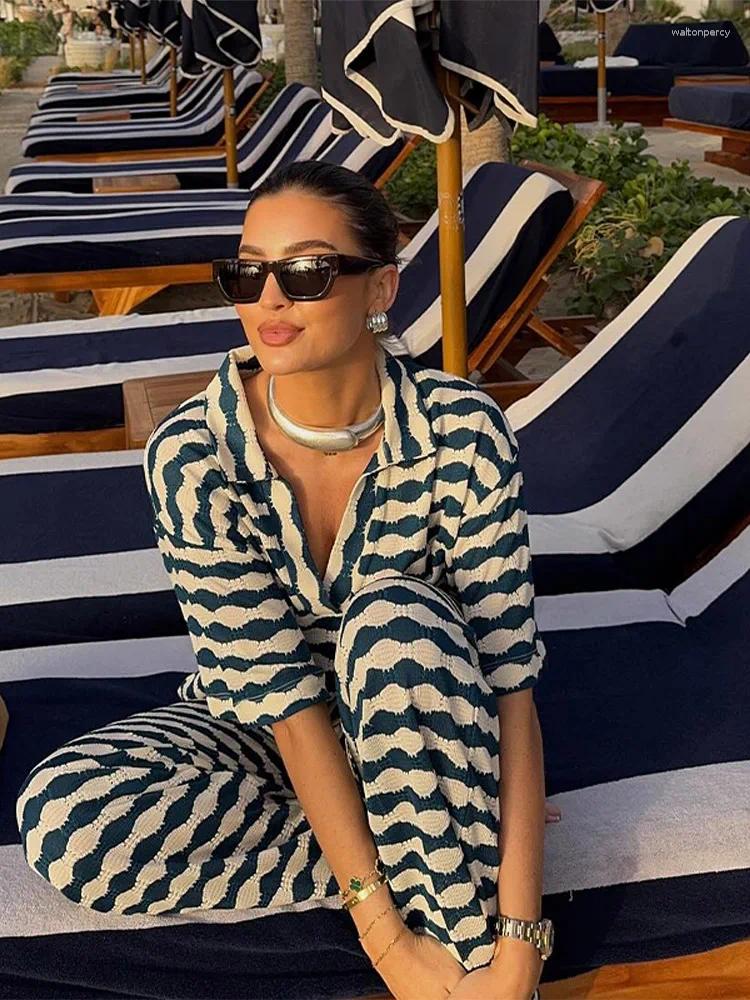 Women's Two Piece Pants Knit Stripe Suit Casual Laple Short Sleeve Shirts Loose Waist Wide Leg Female Outfits Summer Lady Outwears