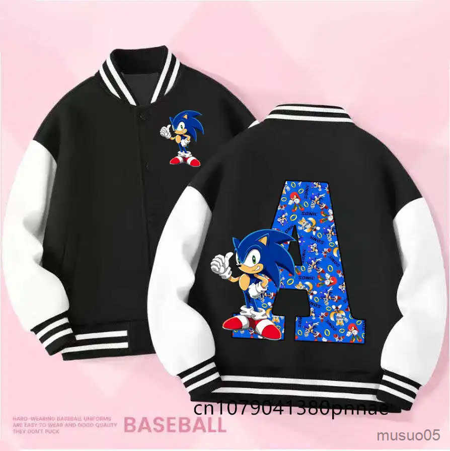 Lettre de sonics A-Z Anime Baseball Uniforme Enfants Cartoon Mabilles imprimées Boys Girls Spring Fashion Veste de mode Black Couches pour enfant