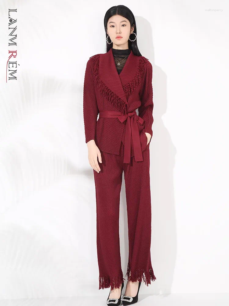 Women's Two Piece Pants LANMREM Wrinkled Pleated Fringe Suit Notched Collar Bandage Jacket High Waist Long Two-piece Set 2DM1060