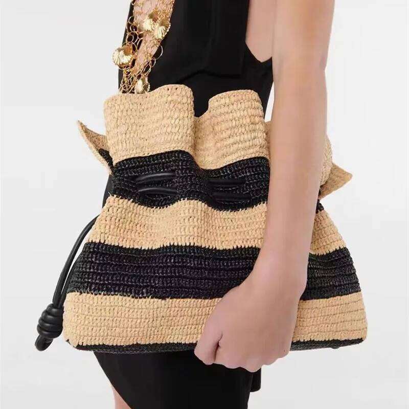 Cross Body New Stripe Crochet Large Single Shoulder Tote Straw Braided Drawstring Women's Bag