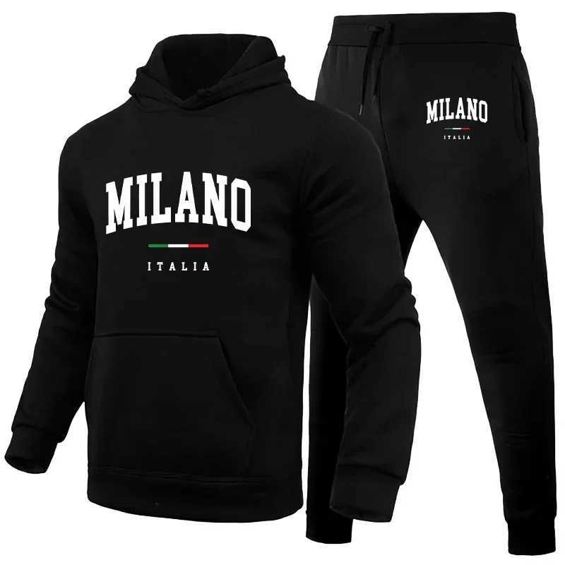 Mens Luxury Hoodie Set Milano Print Sweatshirt Sweatpant for Male Hooded Tops Jogging Trousers Suit Casual Streetwear Tracksuit J250816
