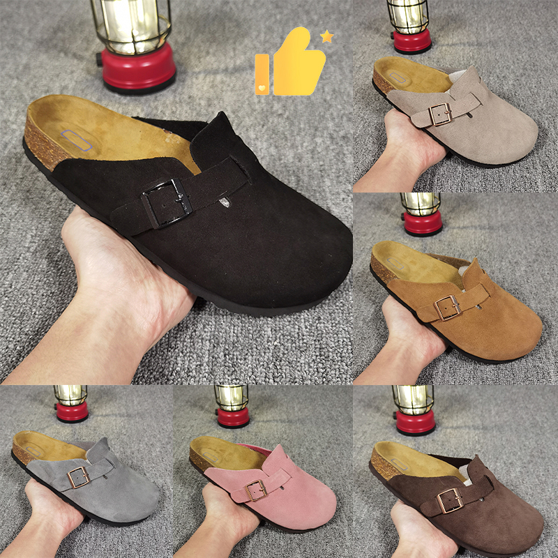 Designer slippers boston suede soft footbed Platform slide sandals black pink light grey green men slides blue beige beach slide flats womens sandal