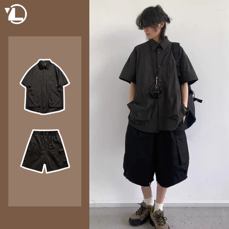 Men's Tracksuits Japanese Casual Mens Set Thin Big Pocket Tooling Shirt Quick Drying Loose Cargo Shorts 2-pcs Summer Simplicity Unisex Suits