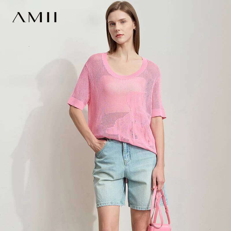 Designer Clothing 2025 AMII Casual Summer Sweater Women Short Sleeve U-Neck Plant Jacquard Hollow Flowered Wool Sweaters Woman Fashion