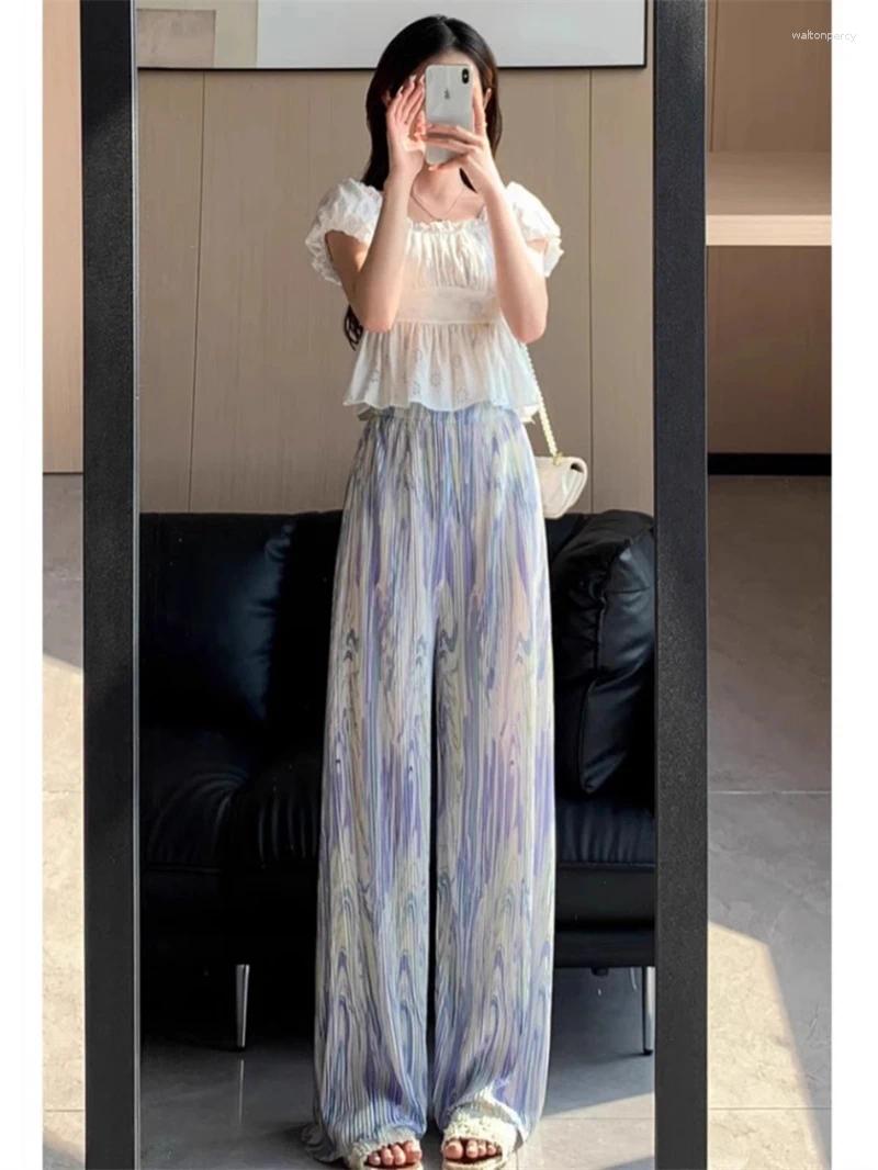 Women's Pants Ice Silk Dyed Wide Leg Summer Thin Pleated Loose Waist Slimming Accordion Korean Sle Commute High