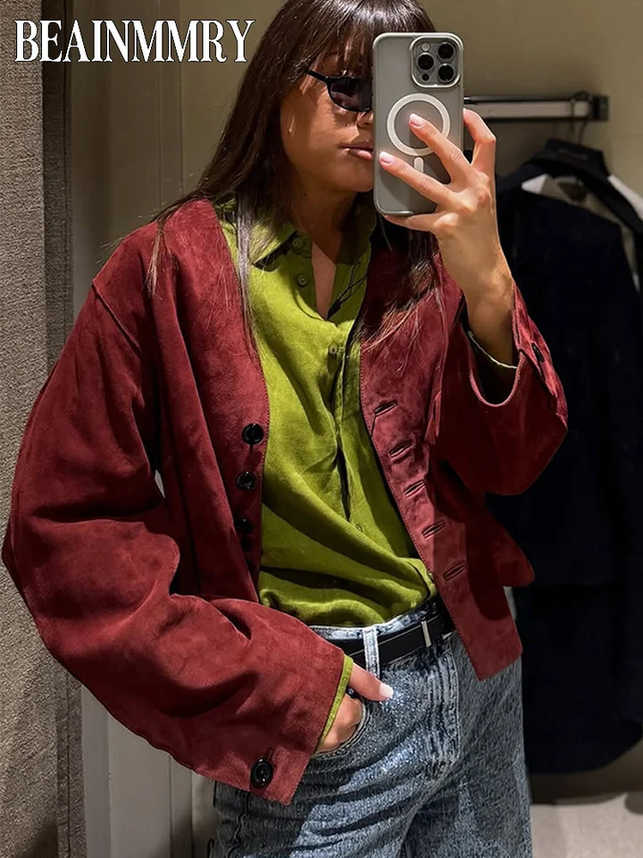 Bourgogne en daim boutonné chic veste femme V couche à manches longues courte coupées de la longueur d'été