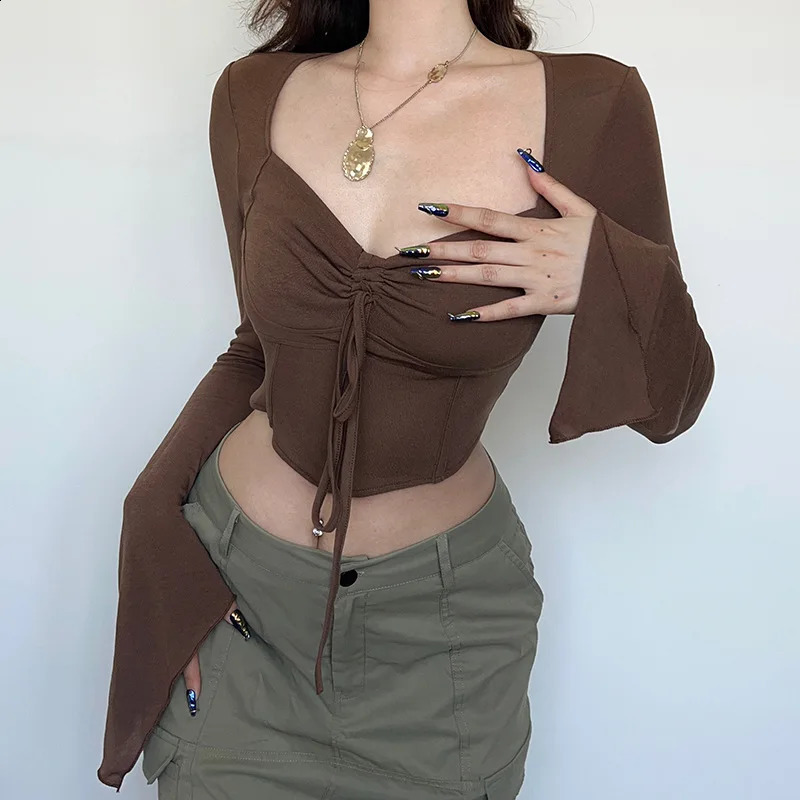 Zoki Y2k T Shirt Women Sexy Cropped Flare Sleeve Tops American Retro Female Drawstring Slim Tshirt Spring Irregular Solid Tees 250801