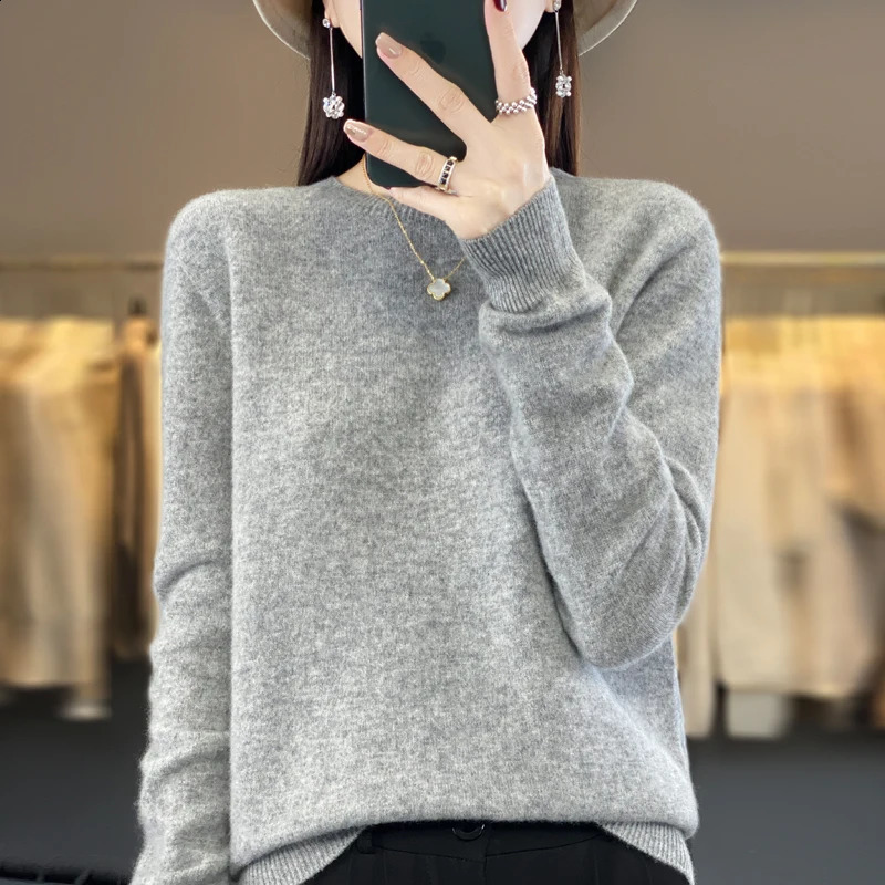Femmes 100% belle laine ronde couche haut de coude polyvalent en tricot lâche à manches longues pull mince yuan ling 250801