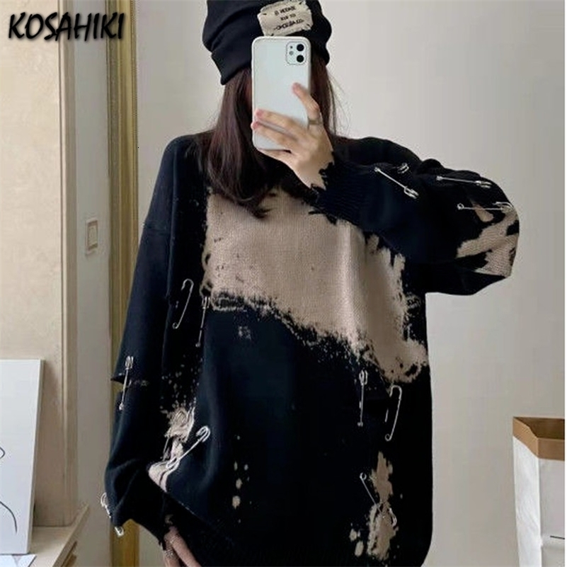 KOSAHIKI Tie Dye Pins Ripped Holes Knitting Sweaters Hip Hop Streetwear Pullover 2025 Harajuku Loose Black Tops Vintage Jumpers 250808