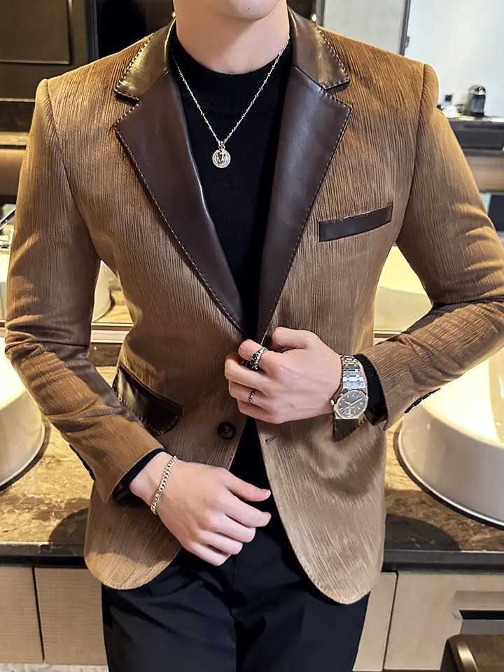 Male Coats Spring Autumn Leather Mens Jackets Splicing Blazers Trendy Joker Vintage Casual Luxury Designer Korean Reviews Many XJ250818