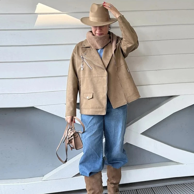 Suninheart Spring Autumn Casual Lapel Suede Jacket Women Vintage Long Sleeve Jackets Fashion Female Outwear with Pocket 250811