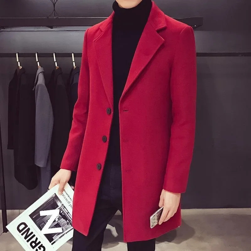 Autumn Mens Mediumlength Woolen Overcoat Casual Style Slim Fit Korean Trendy Jacket Youthful Smooths Silhouette Winter Coat 250818