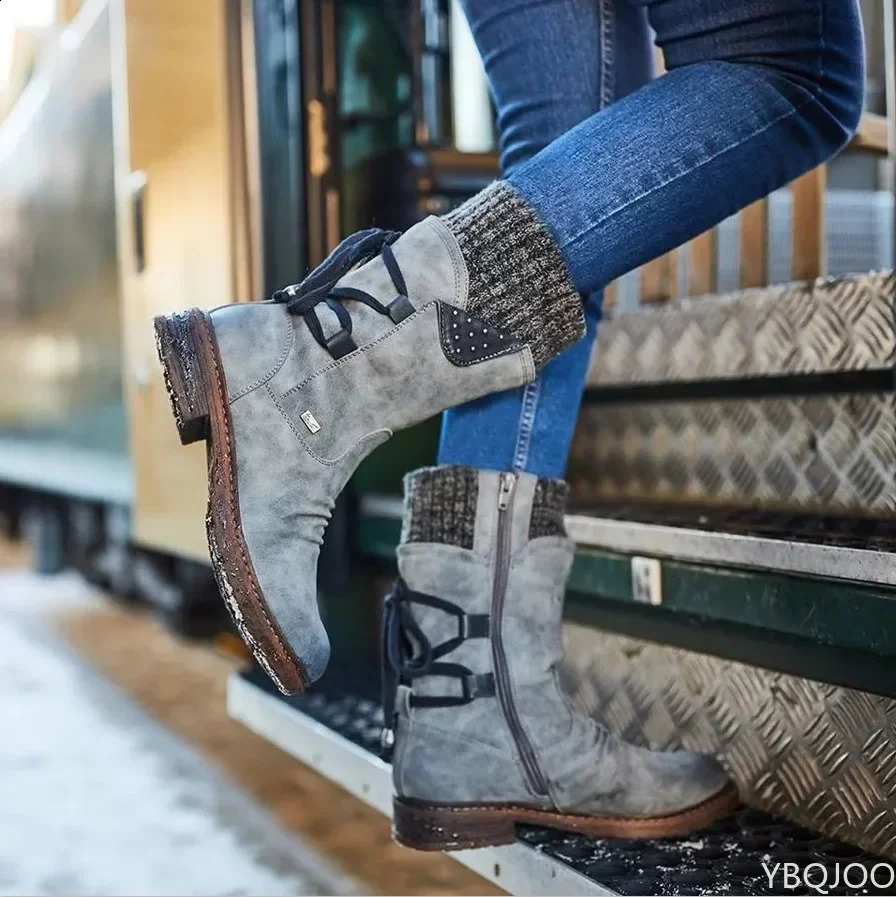 Womens Boots Winter Side Zipper Snow Boots Lace Up Women Shoes Size 43 Knitting Retro Ankle Boots Botas De Mujer 250814