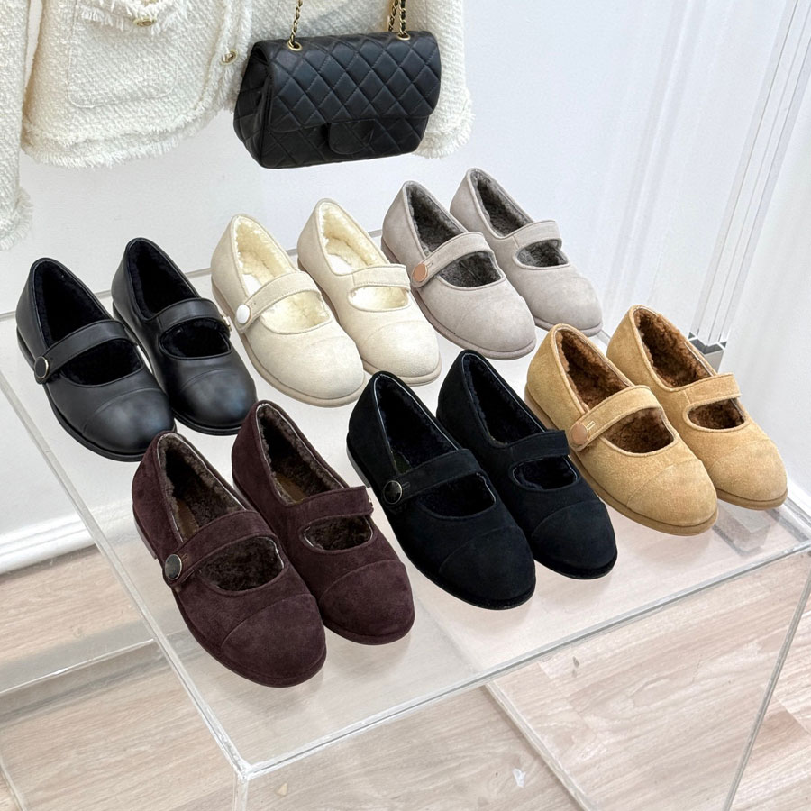 Top quality winter Warm Round-toed real Leather fur Ballet flats Fluffy furry Mary Jane shoes womens ballerina shoes luxe strass Luxury designer sho