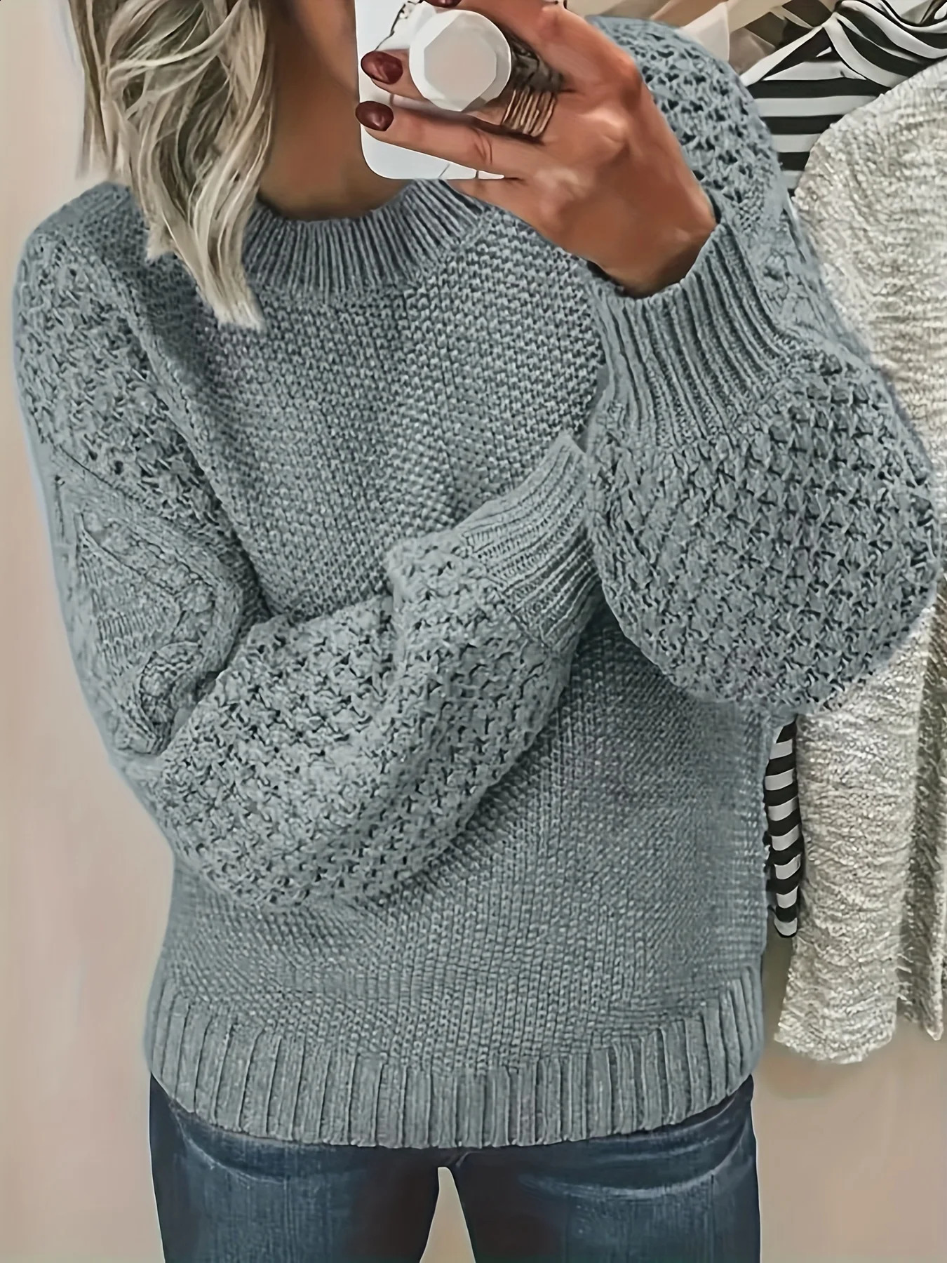 Autumn and Winter Solid Color Round Neck Sweater Versatile for Daily Use Loose Lantern Sleeve n Womens Pullover 250801