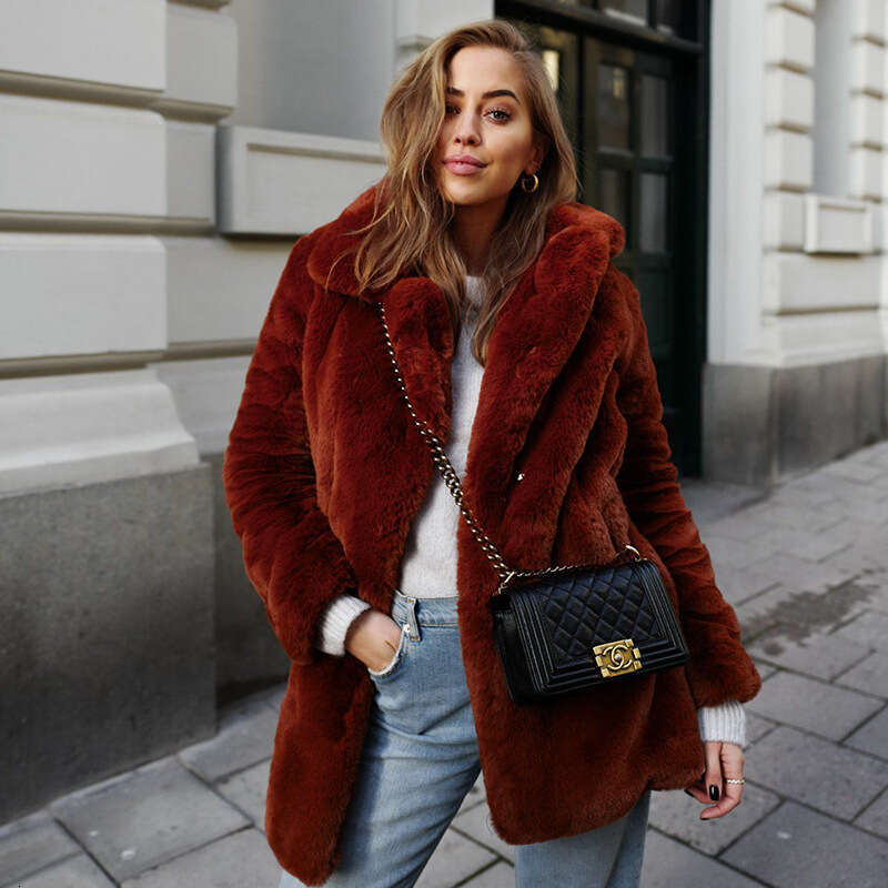 Women's Mid Long Faux Fur Coat, Winter Plush Jacket, Plus Size Overcoat, Lapel Fluffy Jacket, Female Outerwear, Fuzzy Top