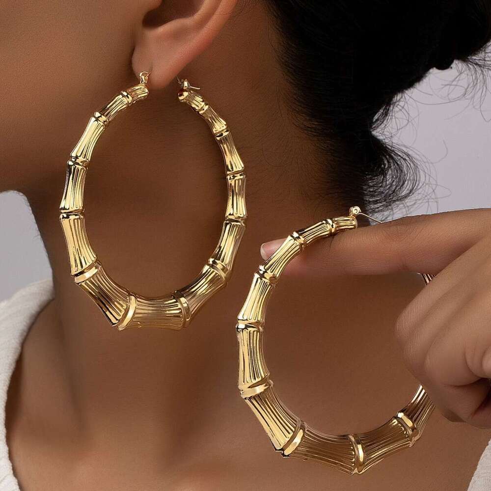 Unique Women's Earrings Hip Hop Circle Bamboo Studs Exaggerated Design Versatile Niche Ear Jewelry