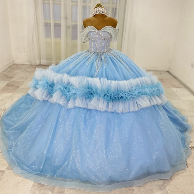 Ciel bleu brillant princesse douce 16 robe robe quinceanera robes perles de cristal corset tull fête anniversaire vestidos 15 de anos