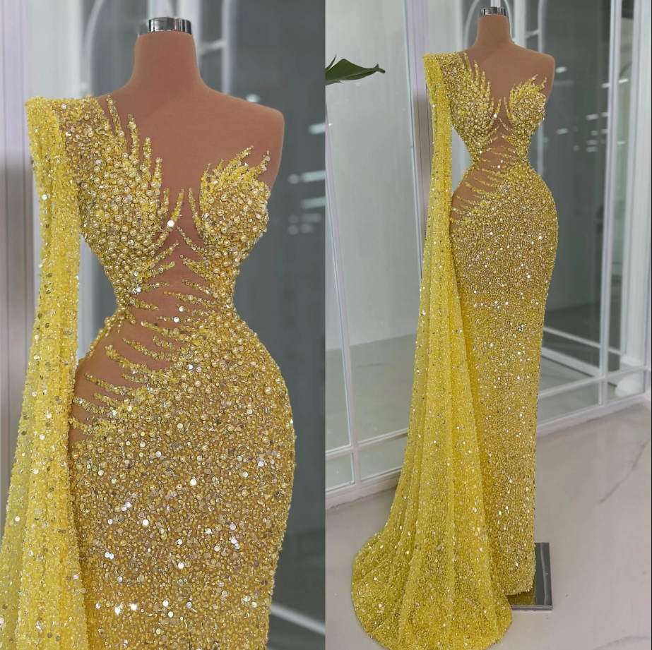 Luxurious Mermaid Evening Dress One-Shoulder Sleeveless Lace Crystal Pearls Party Prom Wedding Bridal Gowns Customized