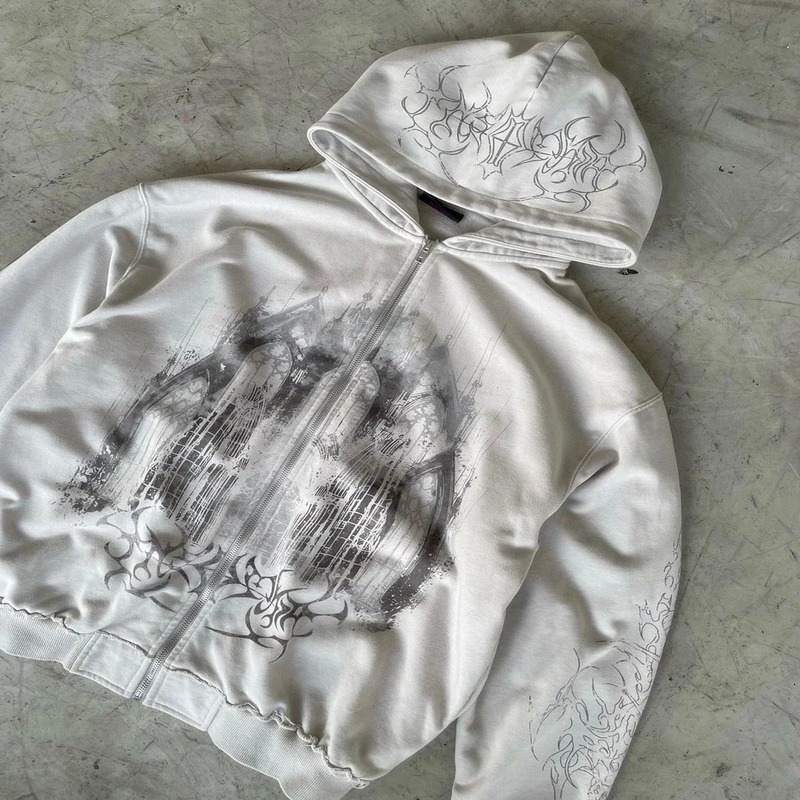 Vintage Spring Autumn Aesthetic Print Gothic Fashion Zip Up Hoodie Hip Hop Sweatshirt Casual Y2k Tops Women Man Kpop Clothes 250815