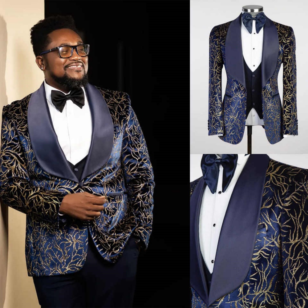 Gold Print Pattern Mens Party Smokingos 3 pièces Châle Revers Pantalons de marié sets Male Fashion Formal Business Costume personnalisée Clothing