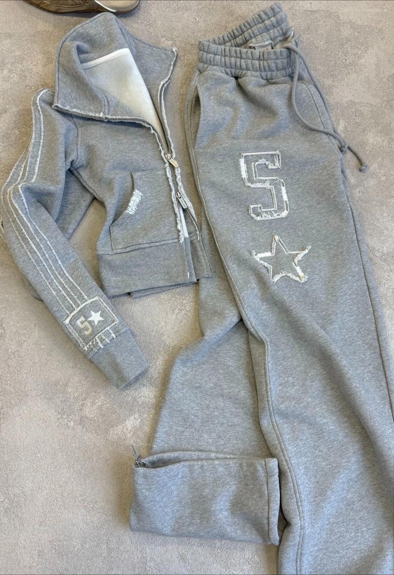 Women's Two Piece Pants Light Grey Tracksuits Women Gothic Number Star Graphic Patch Slim Fit Zipper Sweatshirts Harajuku Elastic Waist