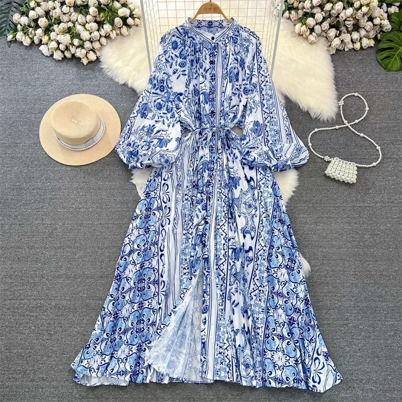 Retro Elegant Sashes O Neck Single Breasted Print Dresses Long Lantern Sleeves A-line Casual High Waist Women Autumn Clothing 250808
