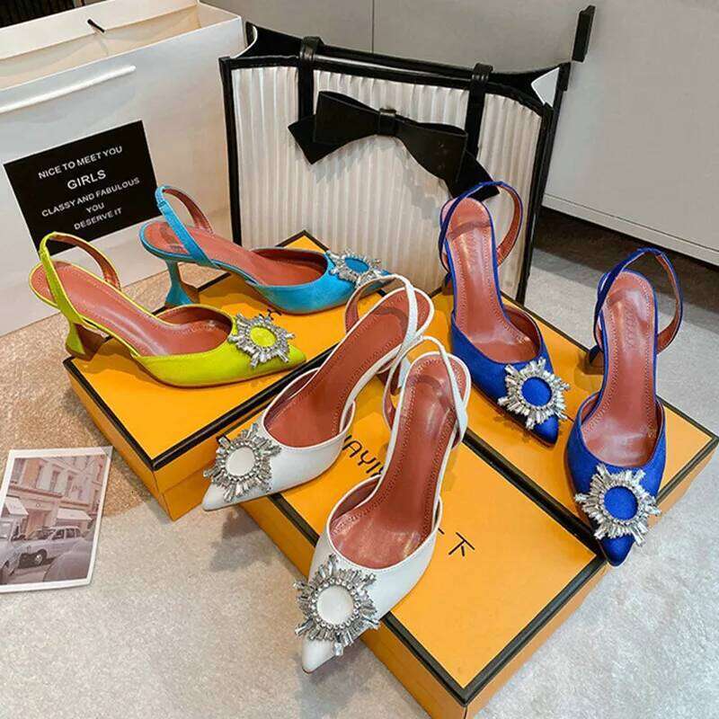 Pointed Toe Ladies Sandals 2025 New Style Sun Buckle Rhinestone High Heels Word With Wine Glass Baotou Women's Pumps