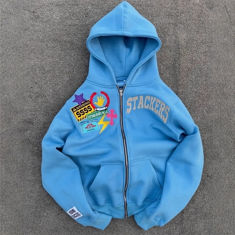 Harajuku hip-hop high street embroidered zipper hoodie men and womens same Y2k 2025 autumn jacket American retro punk stree 250813