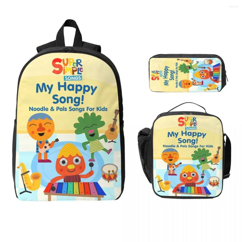 School Bags 3Pcs Noodle & Pals Musical Backpack Set For Girls Boys Pen Bookbag Sets With Lunch Box Primary Students Knapsack