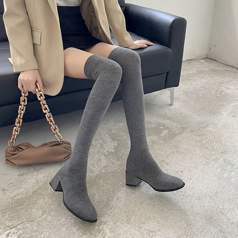 Thigh High Boots Shoes Sock Womens Over-the-knee Elegant Woman Sexy Tights Chunky Heels Autumn Winter Knitting Long boot 250814