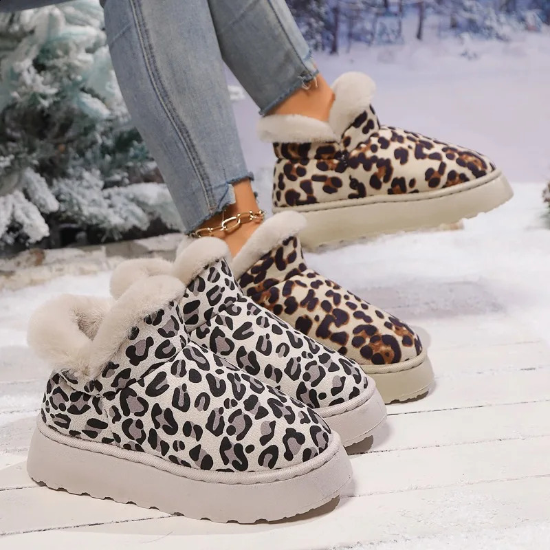 Retro Platform Low-Top Snow Boots Womens Winter Warm Fuzzy Cotton Shoes Feeling Leopard Bread Shoes 250814